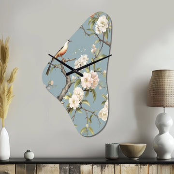 Chinoiserie With Birds and Peonies XVIII - Asymmetric Metal Wall Clock